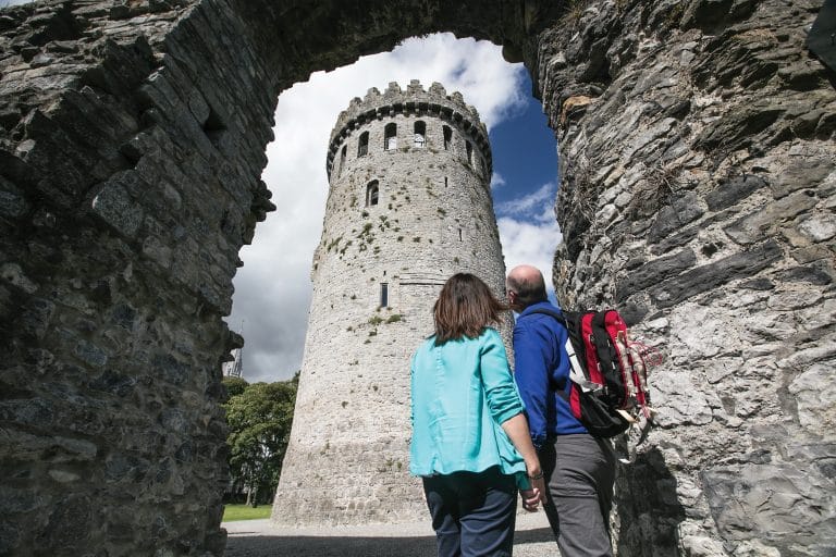 A couple holding hands looking up at Nenagh Castle